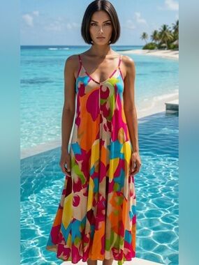 Italian Viscose Vibrant Abstract Multicolor Maxi Dress